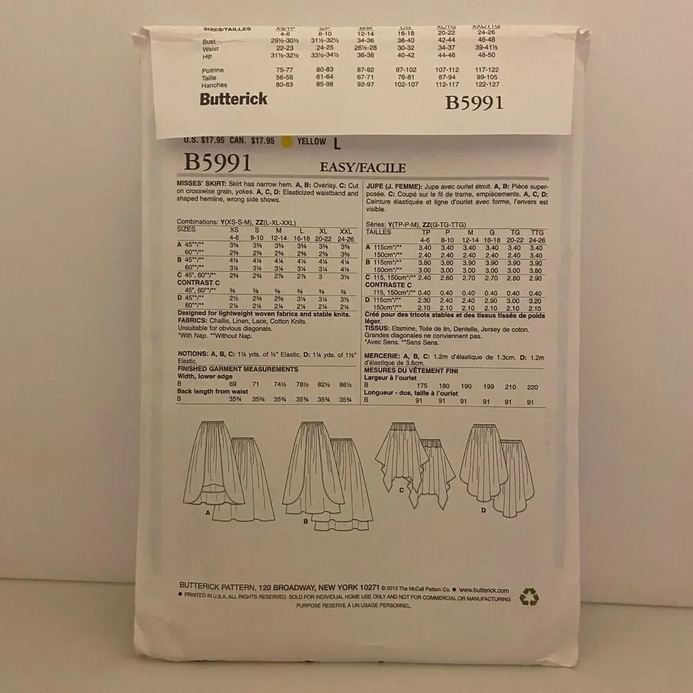 #B5991 Butterick Misses Skirt Sewing Pattern Size L-2XL